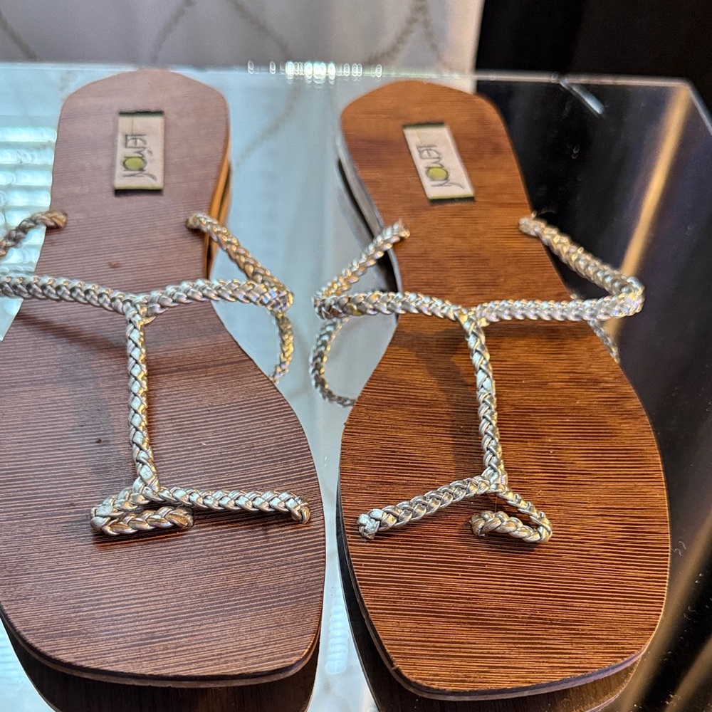 Lemon Women’s Silver Braided-Strap Sandals with Brown Footbed